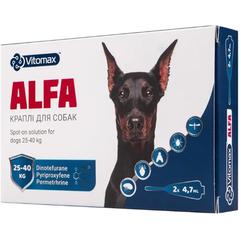 Капли VITOMAX Альфа для собак 25 – 40 кг 2 пипетки*4,7 мл (4820150207045) Капли VITOMAX Альфа для собак 25 – 40 кг 2 пипетки*4,7 мл (4820150207045)