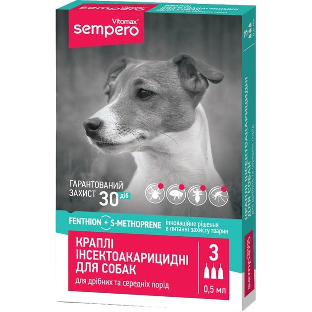 Краплі інсектоакарицидні VITOMAX Sempero для дрібних та середніх порід собак 3-25 кг 3 х 0,5 мл (4820195040379) Краплі інсектоакарицидні VITOMAX Sempero для дрібних та середніх порід собак 3-25 кг 3 х 0,5 мл (4820195040379)