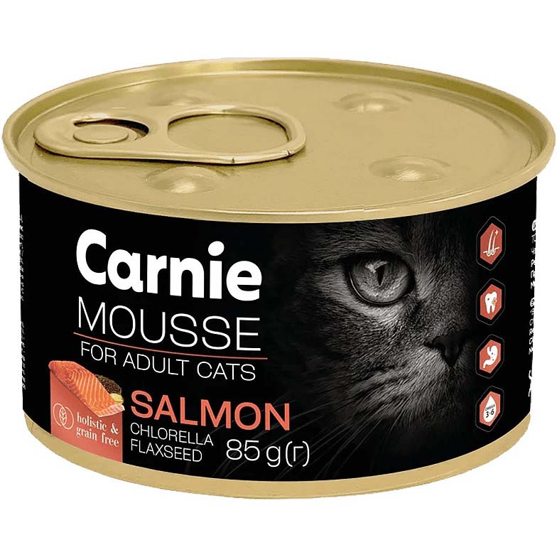 Вологий корм CARNIE м'ясний мус з лососем, хлорелою та насінням льону для дорослих кішок 85 г (4820255195612)