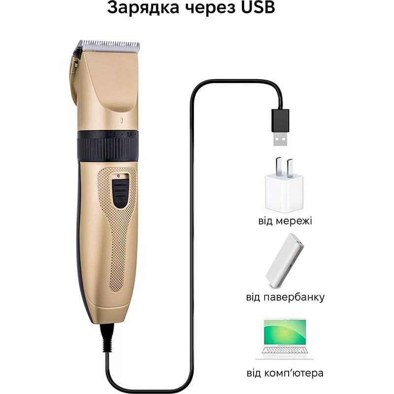 Машинка для стрижки INSPIRE Gold/Black (PLF-14) Комплектация 4 насадки (3,6,9,12 мм), щіточка для чищення, олія, кабель USB