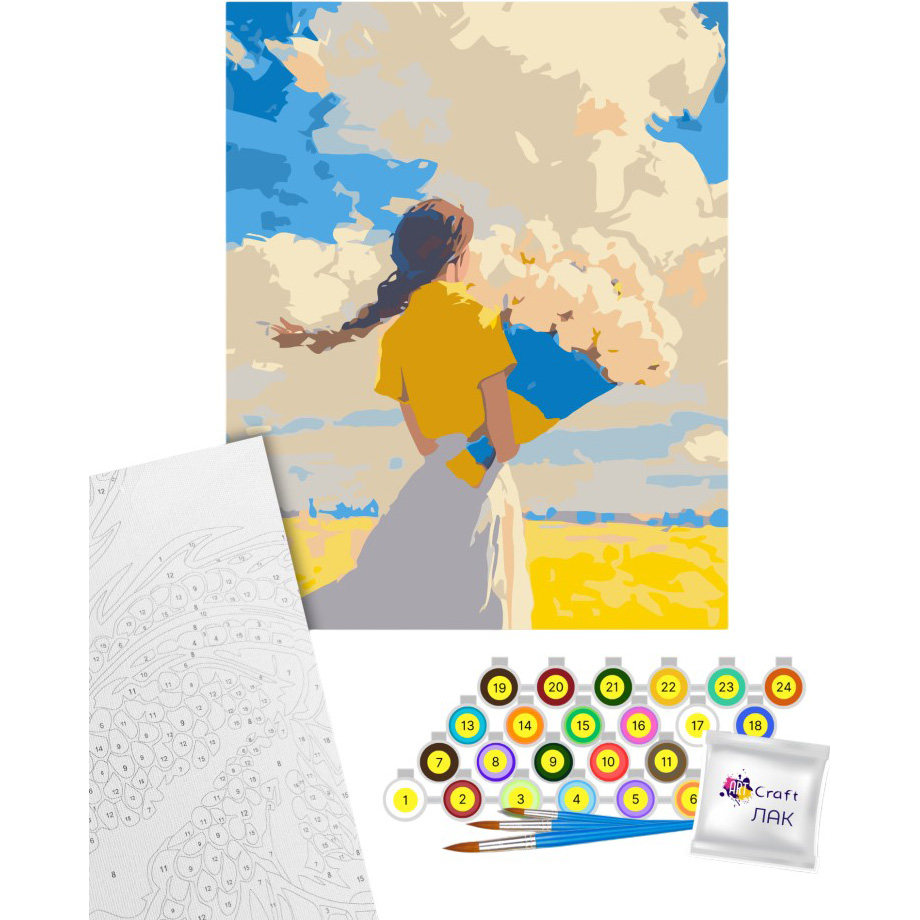 Картина за номерами ARTCRAFT Дівчина з букетом на жовто-блакитному фоні "Вільне поле" 40х50 см (10195-AC) Сюжет  люди на картині