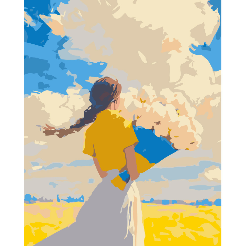 Картина за номерами ARTCRAFT Дівчина з букетом на жовто-блакитному фоні "Вільне поле" 40х50 см (10195-AC)