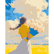 Картина за номерами ARTCRAFT Дівчина з букетом на жовто-блакитному фоні "Вільне поле" 40х50 см (10195-AC)