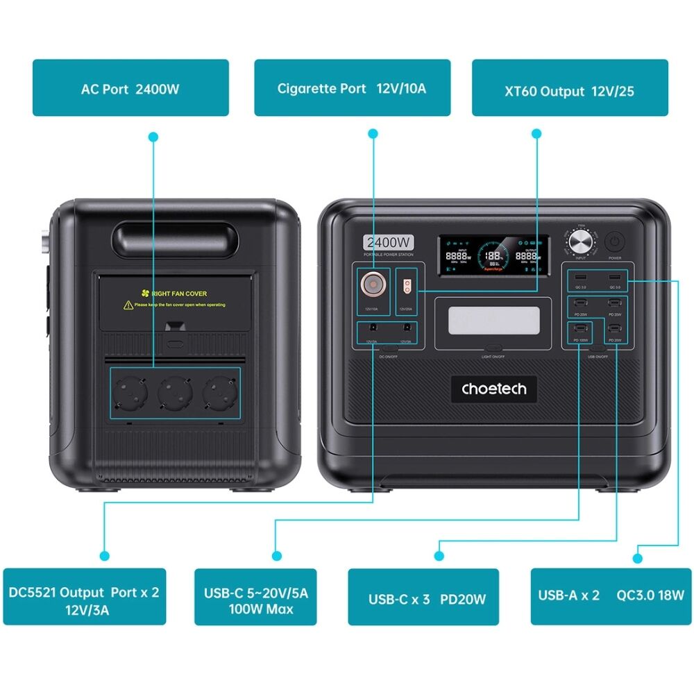 Внешний вид Зарядная станция CHOETECH BS008 2400 Вт 2048 Вт/ч AC LiFePo4 MPPT UPS USB-C PD 100 Вт