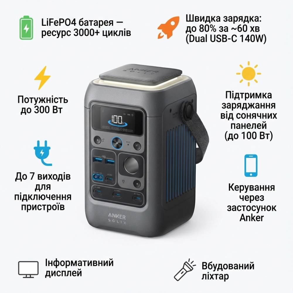 Зарядная станция ANKER Solix C300 DC 300W/288Wh Black (714963) ᐉ