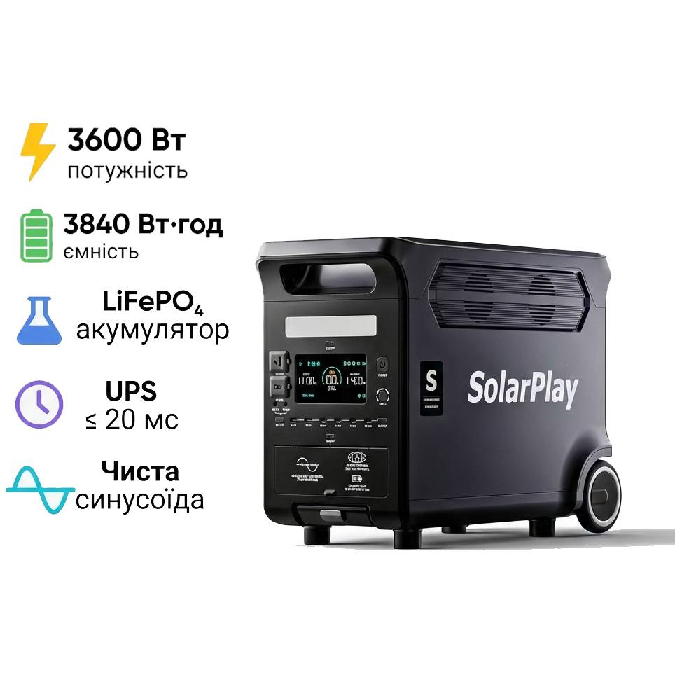 Зарядна станція SOLARPLAY Q3600 3600W/3840Wh Black (714971) Спосіб заряджання від сонячної батареї