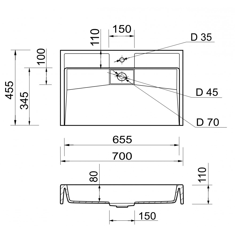 Раковина ADAMANT Vision 70 White (4824296204101) Отверстие под смеситель есть