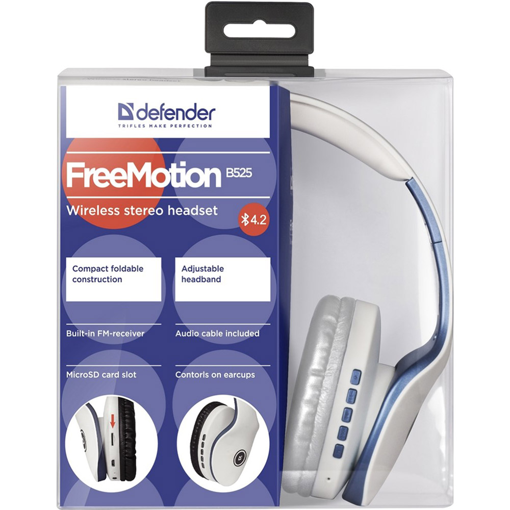 Гарнітура DEFENDER FreeMotion B525 White/Blue (63526) Конструкція повнорозмірні (повний обхват вуха)