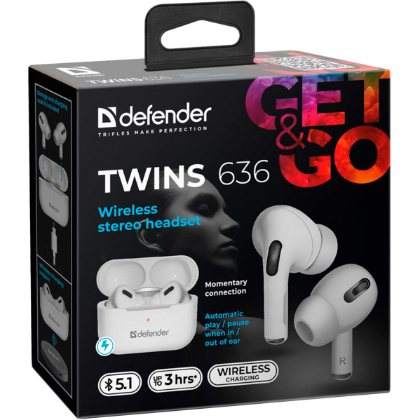 Зовнішній вигляд Гарнітура DEFENDER Twins 636 TWS Pro Bluetooth White (63636)