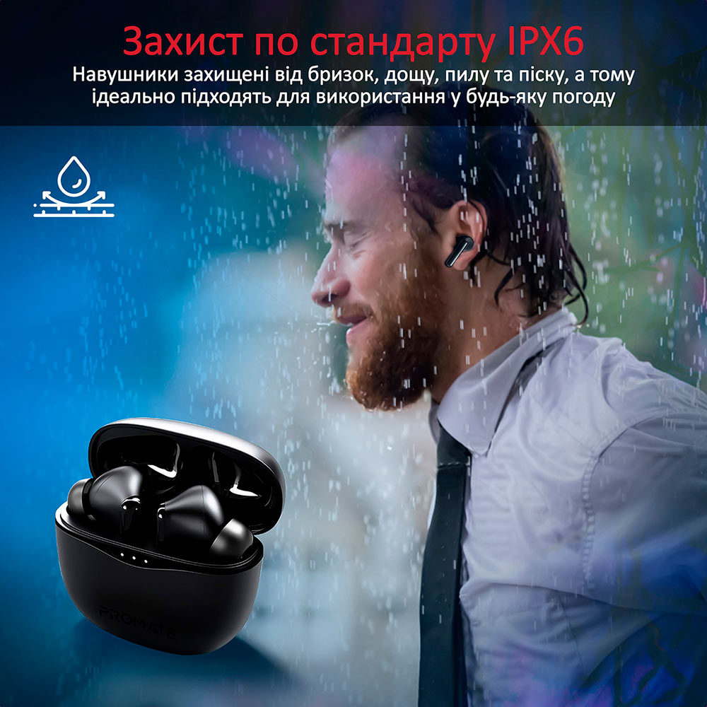 Гарнітура PROMATE Hybrid Black (hybrid-anc.black) Додатково IPX6