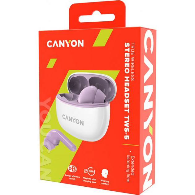 Гарнитура CANYON TWS-5 Bluetooth Purple (CNS-TWS5PU) Крепление TWS (без провода)