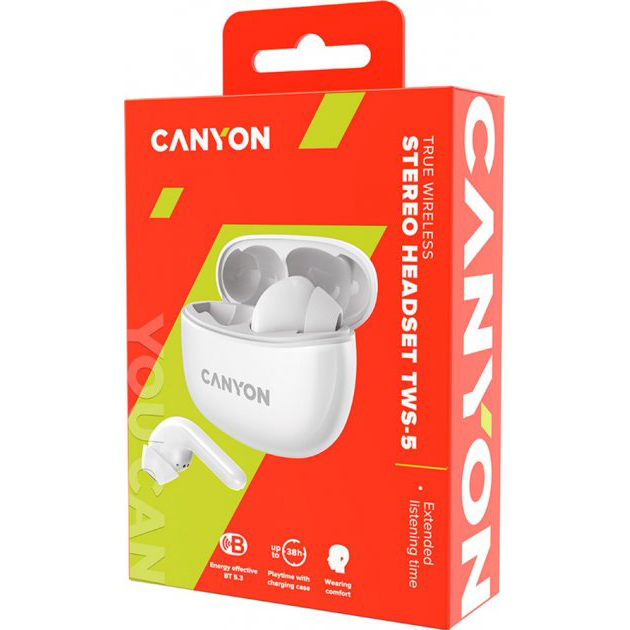 Гарнітура CANYON TWS-5 Bluetooth White (CNS-TWS5W) Кріплення TWS (без дроту)