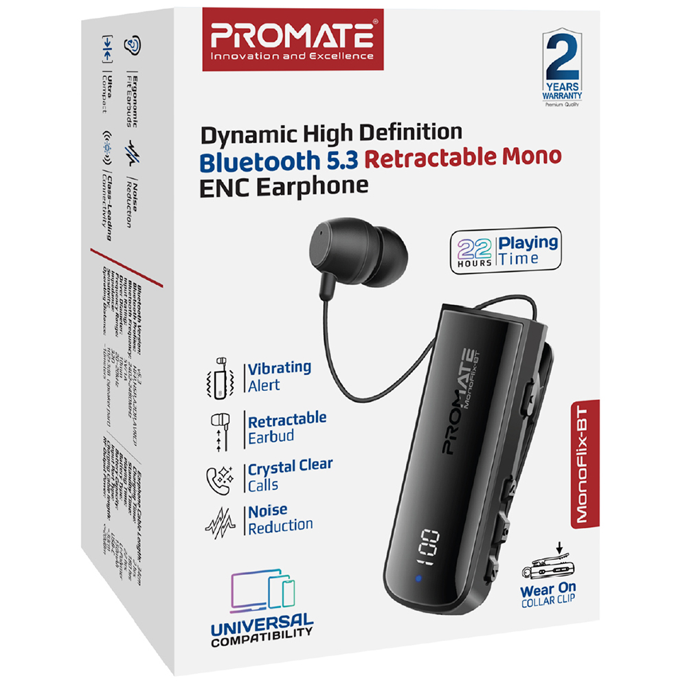 Bluetooth-гарнитура PROMATE monoflix-bt.black Время работы в режиме ожидания 180