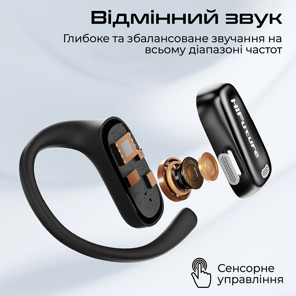 Гарнитура HIFUTURE Sonify Black Дополнительно IPX4, Bluetooth 5.4, технология ENC, Емкость батареи наушников: 2 x 45 mAh, Емкость батареи кейса: 400 mAh