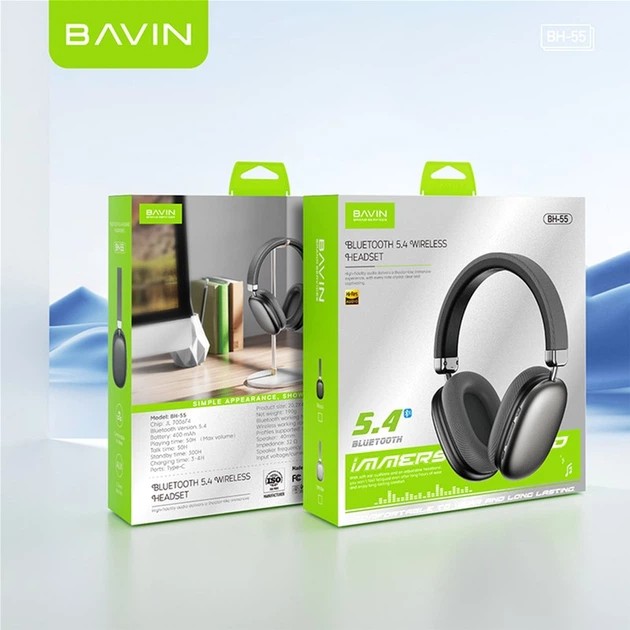 Гарнітура BAVIN BH-55 Hi-Res Black (HB-BH-55 BK) Додатково відтворення з TF-картки; поворотні чаші на 90 °; регульоване оголов'я; ємність акумулятора - 400 мАг; режим очікування - до 300 годин