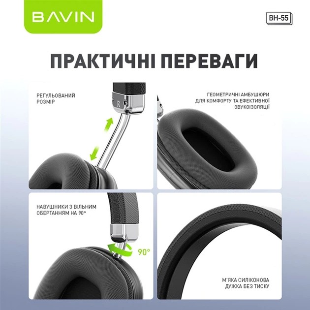 Гарнітура BAVIN BH-55 Hi-Res Black (HB-BH-55 BK) Конструкція повнорозмірні (повний обхват вуха)