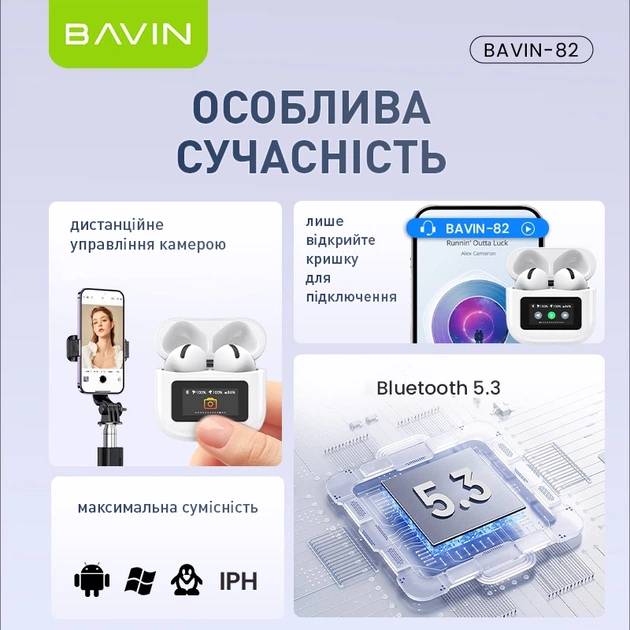 Гарнитура BAVIN BAVIN-82 Hi-Res LCD TOUGH White (HB-BA-82-WH) Дополнительно Bluetooth 5.3, Сенсорный LCD-экран,Управление тикток (лайки), Переключение функций, Поиск наушников, Различные обои, Ответ на звонки, Смена языка, Настройка яркости, Фото-режим, Установка будильника, 150 часов в режиме ожидания