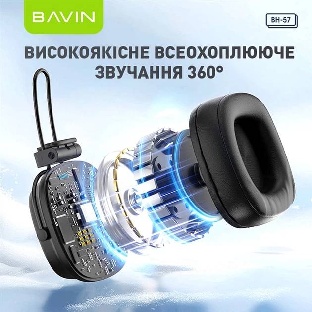 Гарнитура BAVIN BH-57 Hi-Res Black (HB-BH-57 BK) Дополнительно Bluetooth 5.3, 360 часов в режиме ожидания, 8.5 часов разговоров, Интерфейс зарядки USB Type-C