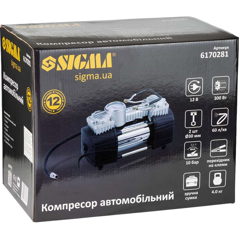 В Україні Компресор автомобільний SIGMA 12 В 300 Вт 18 А 60л / хв 10 бар (6170281)
