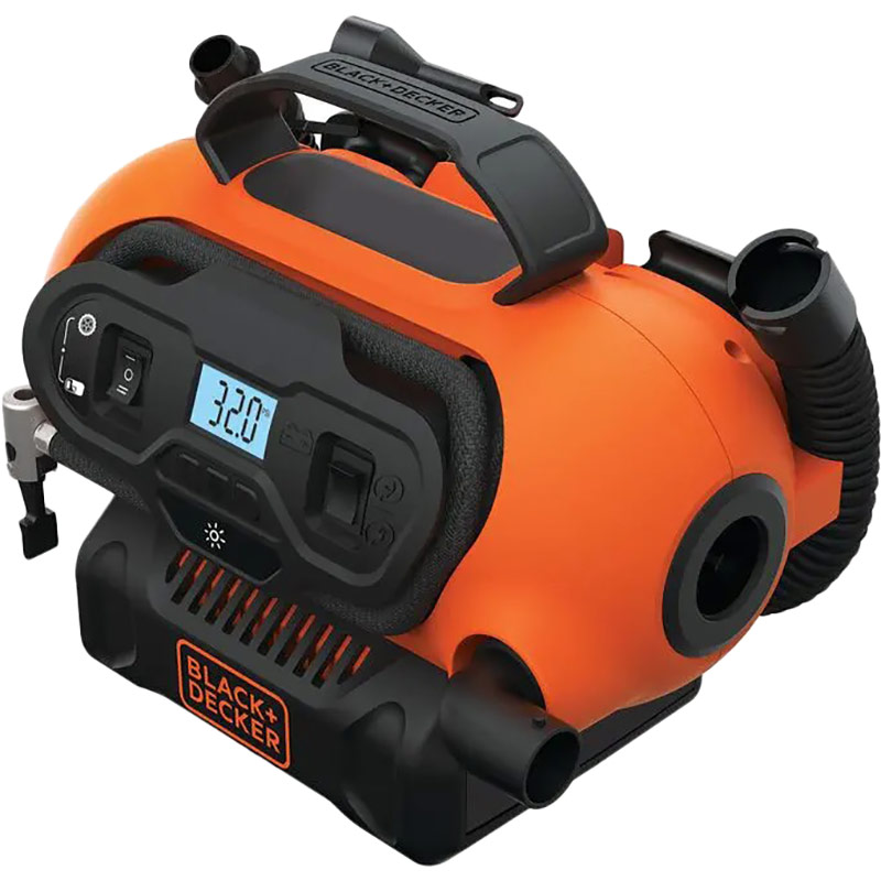 Автомобильный компрессор BLACK&DECKER BDCINF18N Дополнительно автоматическое отключение при достижении заданного давления и подсветка, легко читаемый цифровой дисплей.