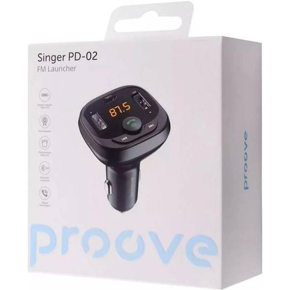 FM трансмиттер PROOVE Singer PD-02 2USB+Type-C (44886black) Защита от перегрева True