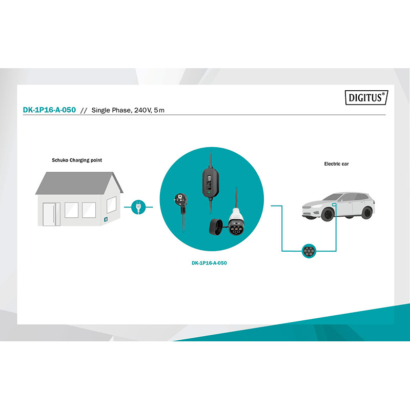 Зарядний пристрій DIGITUS EV Single Phase 230V 8-16А 5 м Schuko to Type 2 (DK-1P16-A-050) Захист від перевантаження True