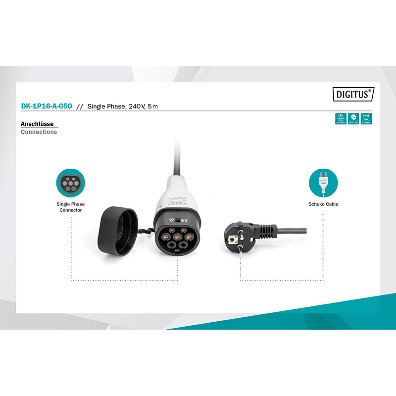 Зарядний пристрій DIGITUS EV Single Phase 230V 8-16А 5 м Schuko to Type 2 (DK-1P16-A-050) Захист від перегріву True