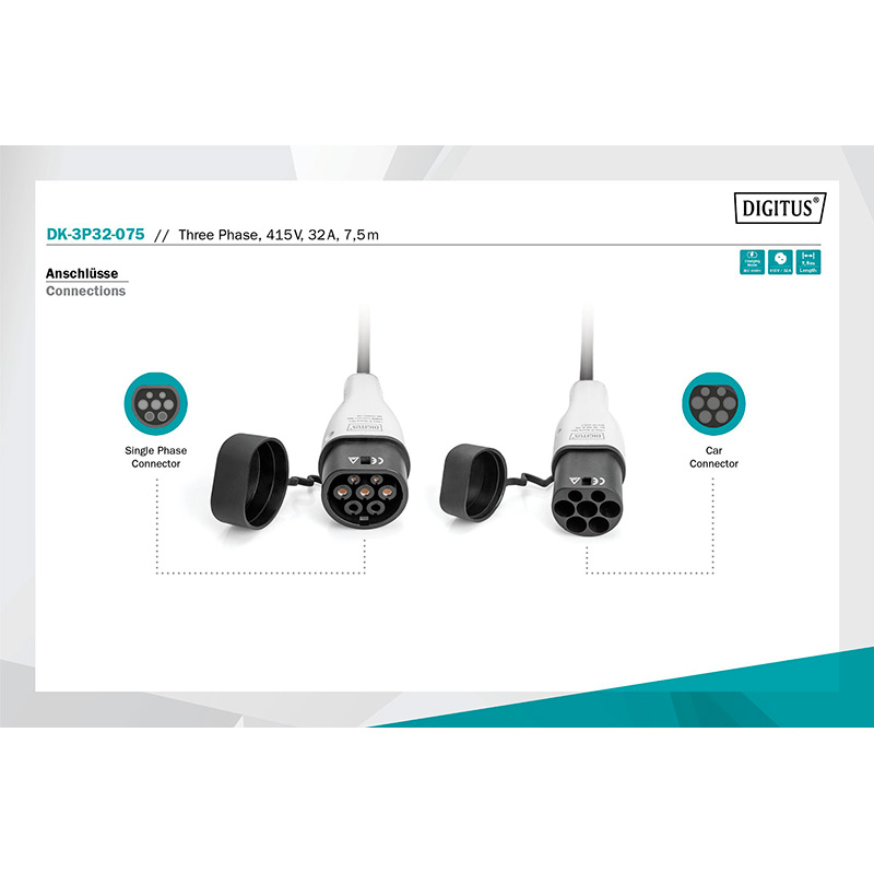 Зарядний пристрій DIGITUS EV Three Phase 415V 32A 7.5 м Type 2 to Type 2 Standard (DK-3P32-075) Захист від перевантаження True