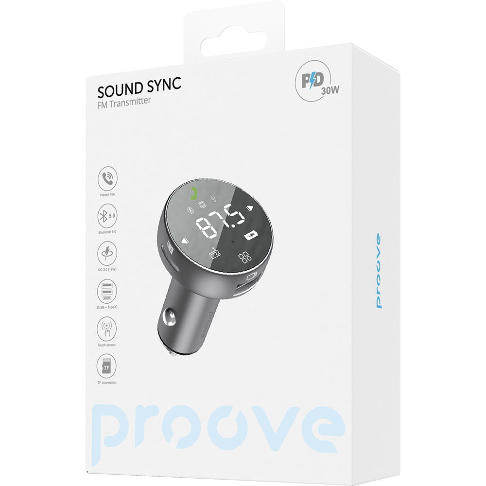Фото FM трансмітер PROOVE FM Launcher Sound Sync 30W PD+QC3.0 Type-C+USB Gray (50880)