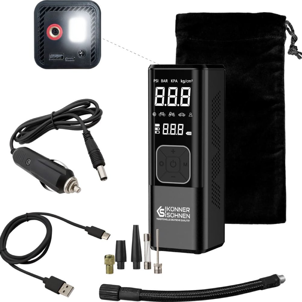 Портативний автокомпресор KONNER&SOHNEN KS P20 Додатковi характеристики Аккамулятор 6000 мАг; час заряджання 4-5 год; продуктивність 23 л/хв; робоча температура -10/+45 ° С; час безперервної роботи до 8 хв; тиск до 10 бар.