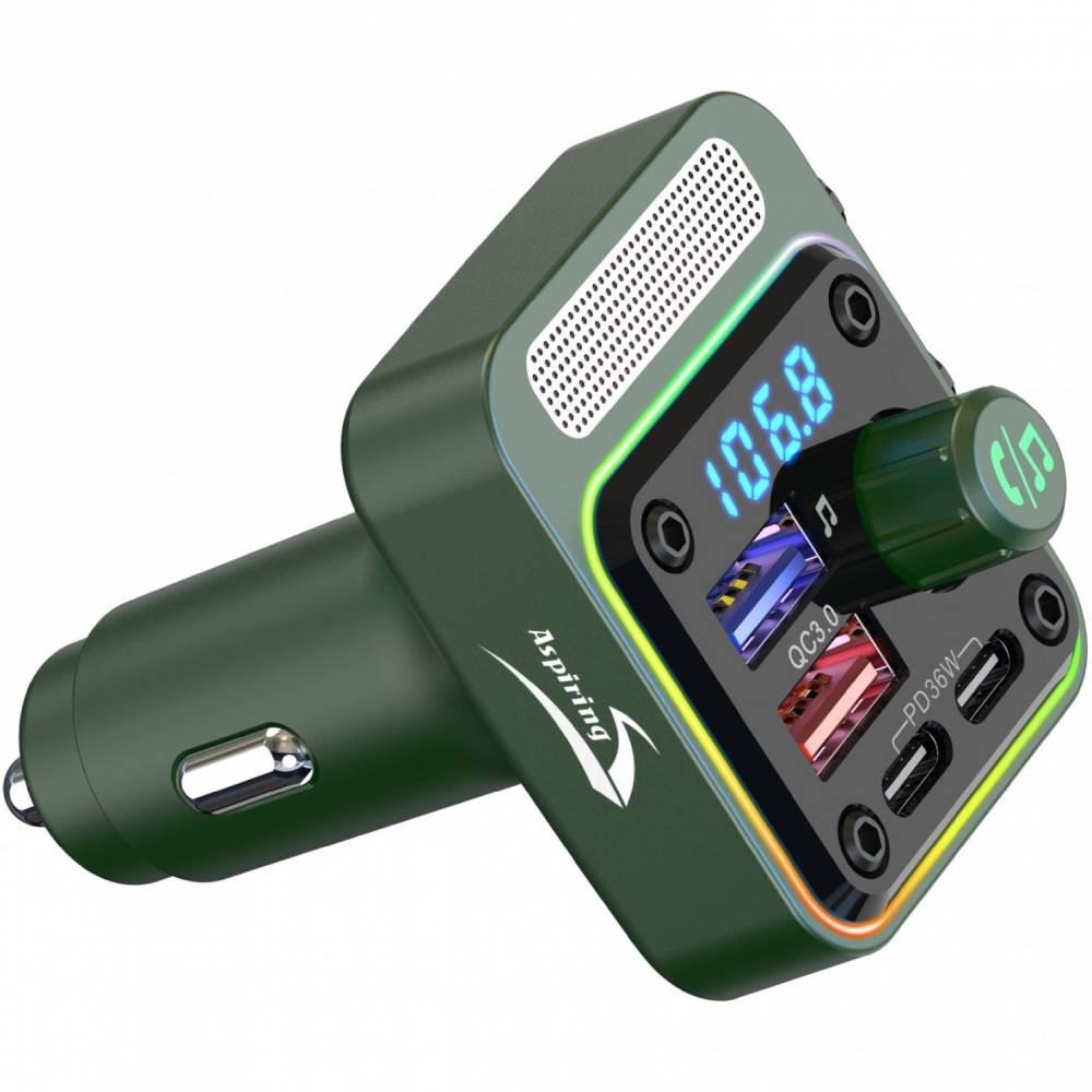 FM-трансмітер ASPIRING Wave 11 54W Green (WA.7002) Додатковi характеристики Bluetooth, підтримка швидкого заряджання PD (36 Вт) та QC 3.0 (18 Вт), діапазон частот: 87.5 – 108.0 МГц, LED дисплей, функція Hands Free, інтерфейс підключення: USB, USB HOST, PD1, PD2, FM-сигнал, формати відтворення - MP3, WMA, FLAC, APE, WAV