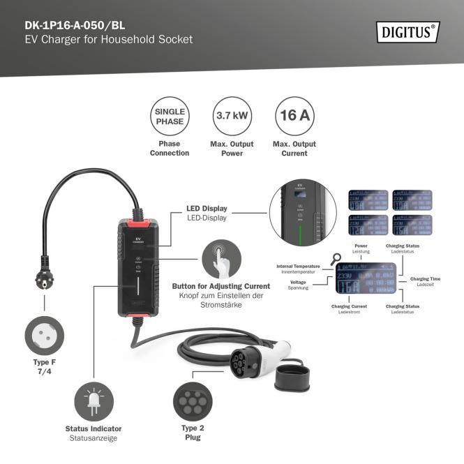 Зарядное устройство DIGITUS для автомобилей EV Single Phase 230V 16A 5м Schuko to Type 2 Standard (DK-1P16-A-050-BL) Дополнительные характеристики Номинальная мощность: 3,7 кВт, Номинальное напряжение: 230 В, Номинальный ток: 8А/10А/12А/16А, ЖК-дисплей, Тип кабеля соединительный кабель: H05 VV-F 3 x 2,5 мм2, Тип кабеля соединительный кабель: EV07EE-H 3 x 2,5 мм2 + 2 x 0,5 мм2,Защита IP55