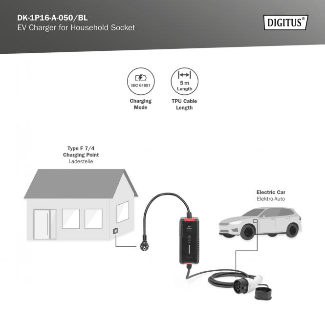 Зарядний пристрій DIGITUS для автомобілів EV Single Phase 230V 16A 5м Schuko to Type 2 Standard (DK-1P16-A-050-BL) Захист від зниженої і підвищеної вхідної напруги True