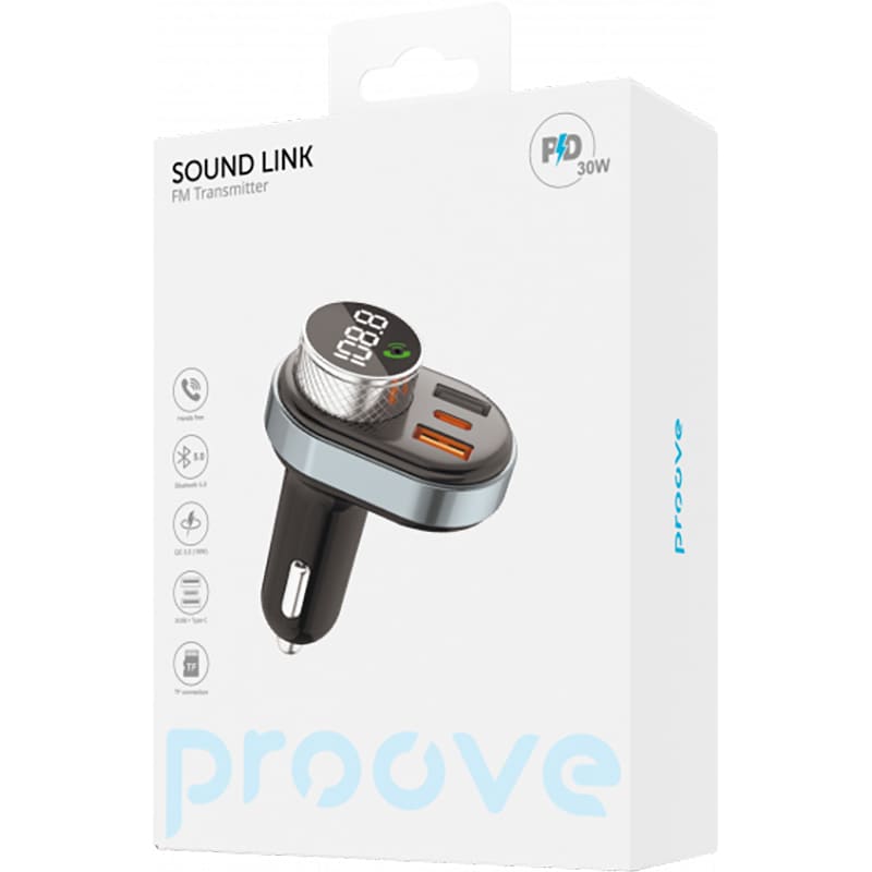 FM-трансмітер PROOVE Sound Link 30W (PD+QC3.0) Type-C+USB Black (FMSL30110001) Вхідна напруга 12