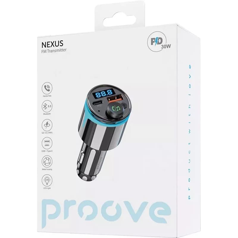 FM-трансмиттер PROOVE Nexus 30W (PD+QC3.0) Type-C+USB Black (FMNX30110001) Входное напряжение 12