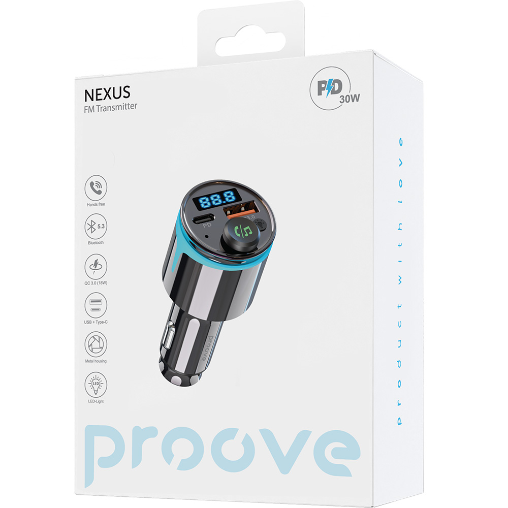 FM-трансмиттер PROOVE Nexus 30W (PD+QC3.0) Type-C+USB Black (FMNX30110001) Входное напряжение 12