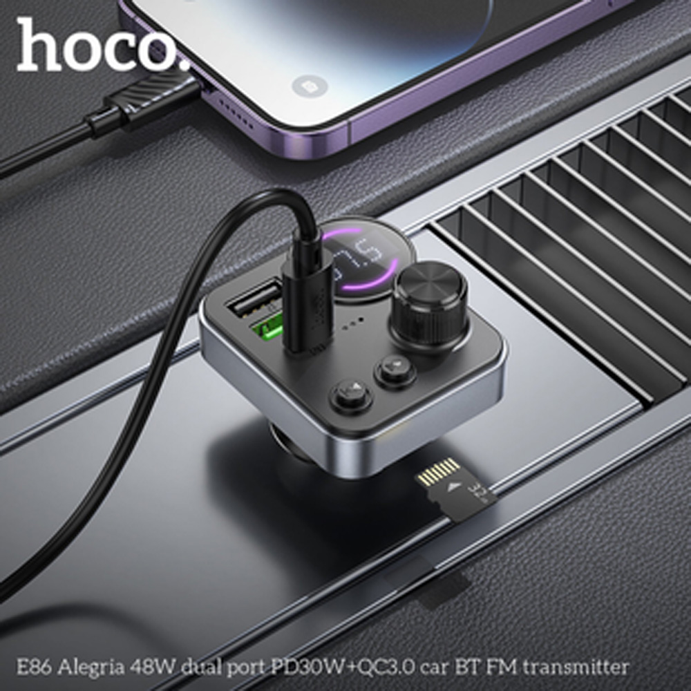 Зовнішній вигляд FM-трансмітер HOCO E86 Alegria 48W dual port PD30W+QC3.0 BT FM Black (6942007646956)