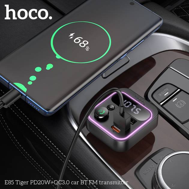 Фото FM-трансмиттер HOCO E85 Tiger PD20W+QC3.0 car BT FM transmitter Black (6942007634304)