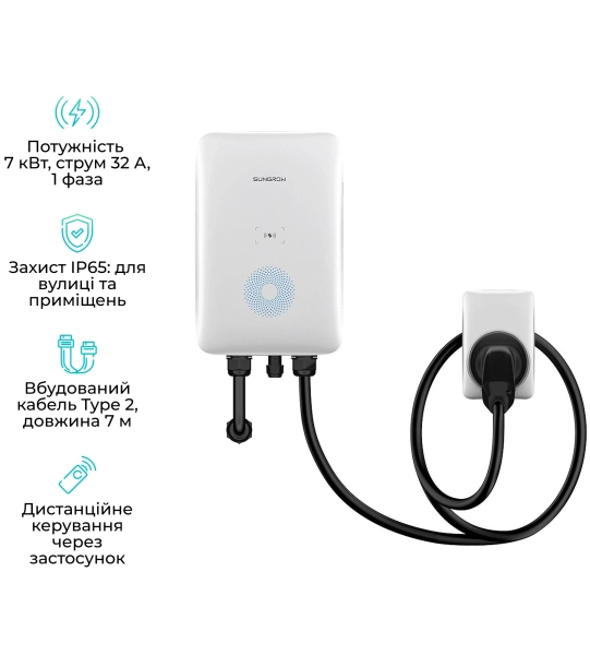Зарядная станция для электромобиля SUNGROW Type2 7kW 32A 1-Ph (AC007E-01) Частота 60