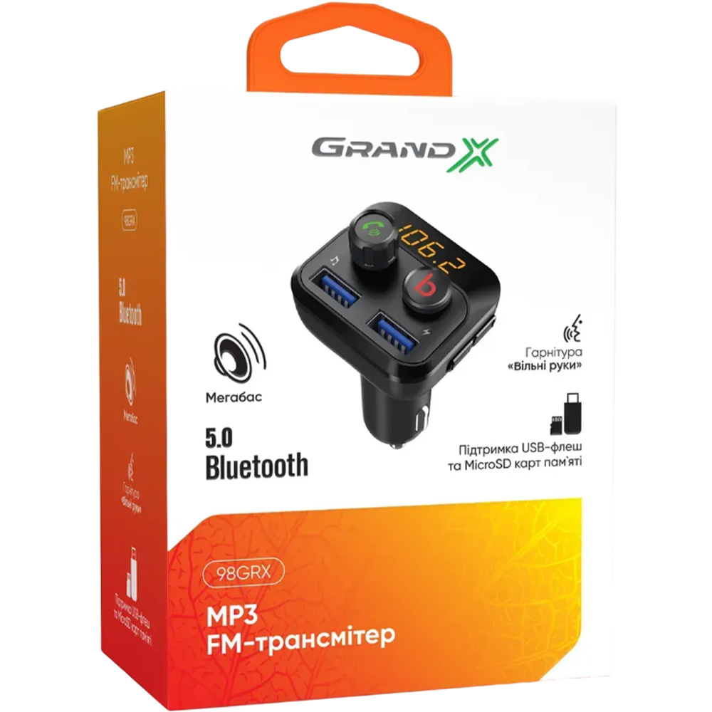 Замовити FM-трансмітер GRAND-X MegaBass, Bluetooth V5.0 Hands Free MicroSD 2USB 1A+2,4A (98GRX)