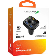 FM-трансмітер GRAND-X MegaBass, Bluetooth V5.0 Hands Free MicroSD 2USB 1A+2,4A (98GRX)
