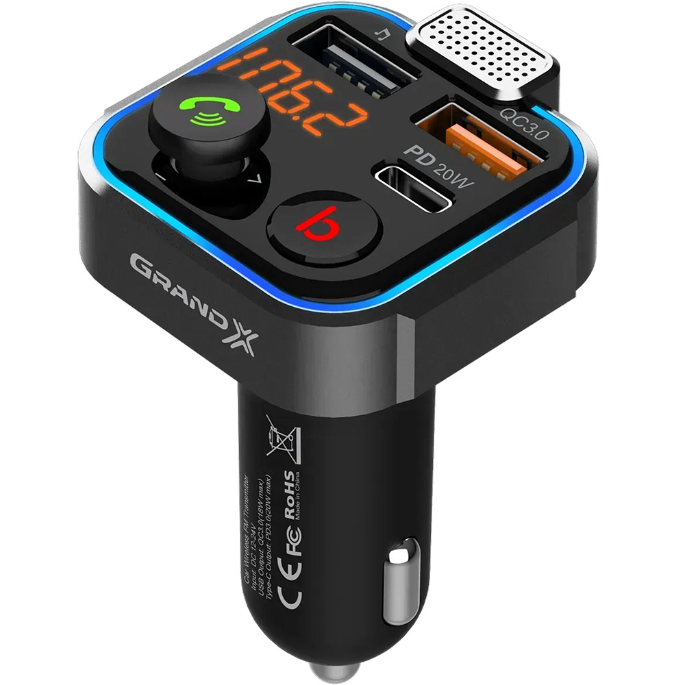 FM-трансмітер GRAND-X MegaBass Bluetooth V5.0 Hands Free Quick Charge 3.0 PD 20W (99RGX) Сумісніть універсальні