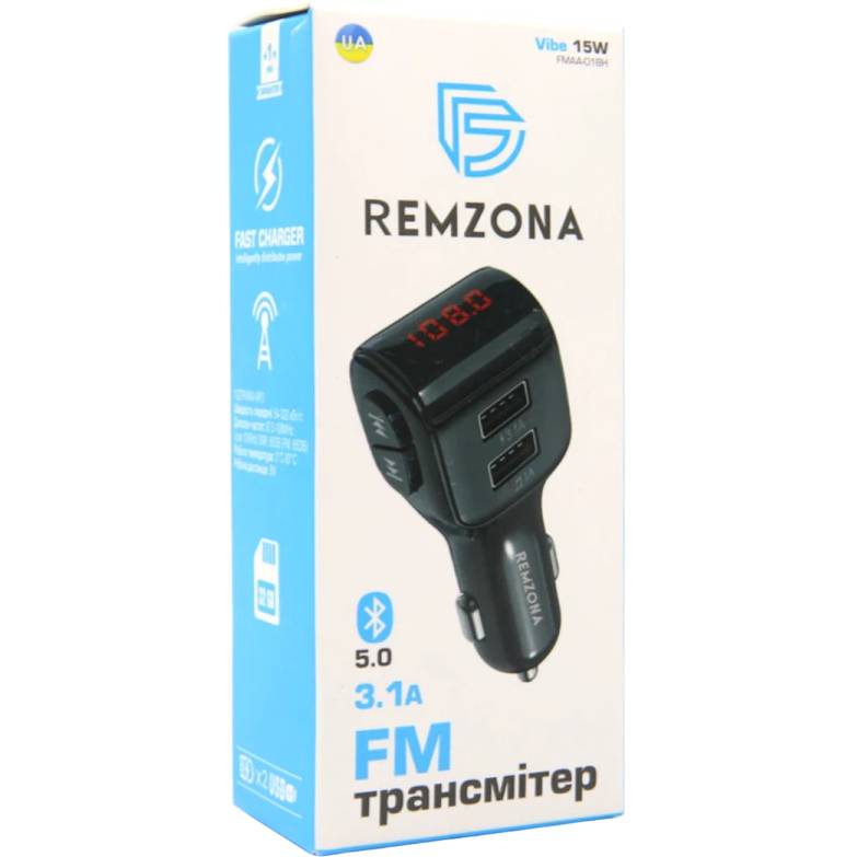 FM-трансмиттер REMZONA Vibe 15W FMAA-01BK (6934247659476) Дополнительные характеристики Поддерживаемые форматы MP3, FLAC, WAV, WMA; USB 2шт;