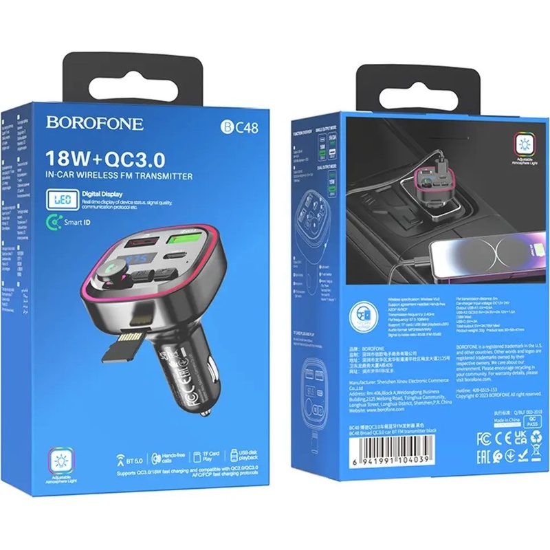 Фото FM-трансмітер BOROFONE BC48 Broad QC3.0 18W Black (6941991104039)