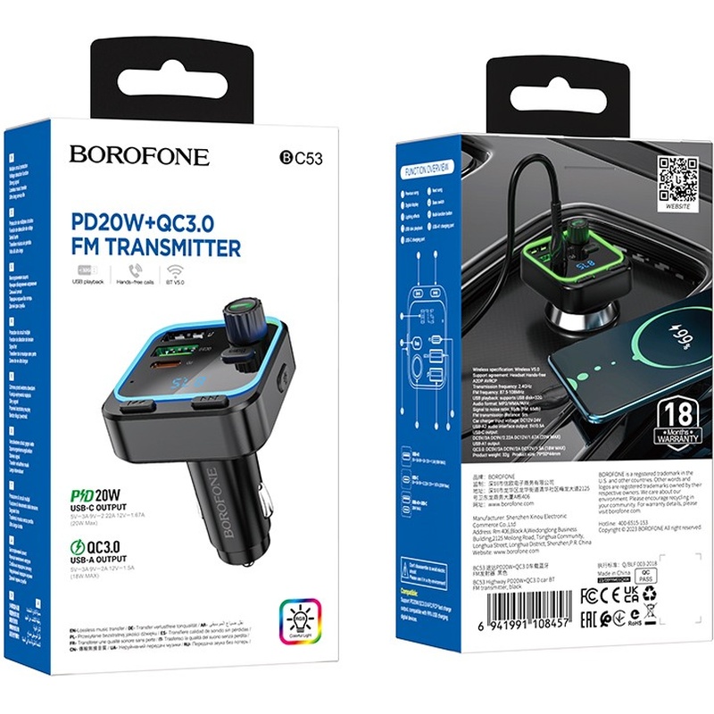 Фото FM-трансмітер BOROFONE BC53 Highway PD20W+QC3.0 18W Black (6941991108457)