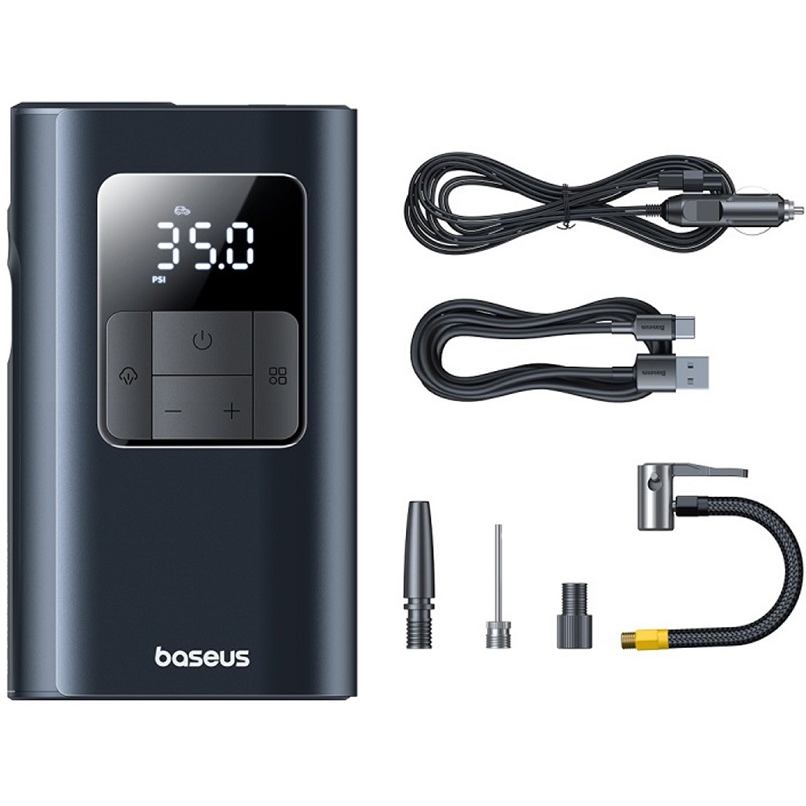 Автокомпрессор BASEUS PrimeTrip VA1 Wired and Wireless 2-in-1 Tire Inflator Cosmic Black (C11169001121-00) Дополнительные характеристики максимальное давление: 3.5 атм; напряжение питания: 12 В; тип: однопоршневой; зарядка: USB Type-C; мощность мотора: 50W