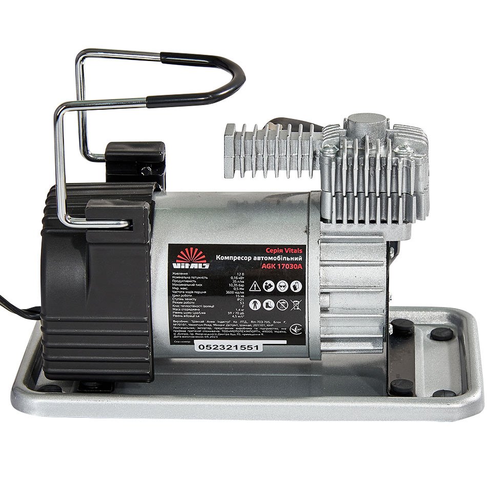 Автомобільний компресор Кентавр AGK 17030A (190038) Додатково Комплектація: автомобільний компресор; комплект насадок (адаптери – 3 шт.); повітряний шланг 0,3 м; сполучний шланг 0,25 м; поліуретановий шланг 5 м; чохол; інструкція з експлуатації