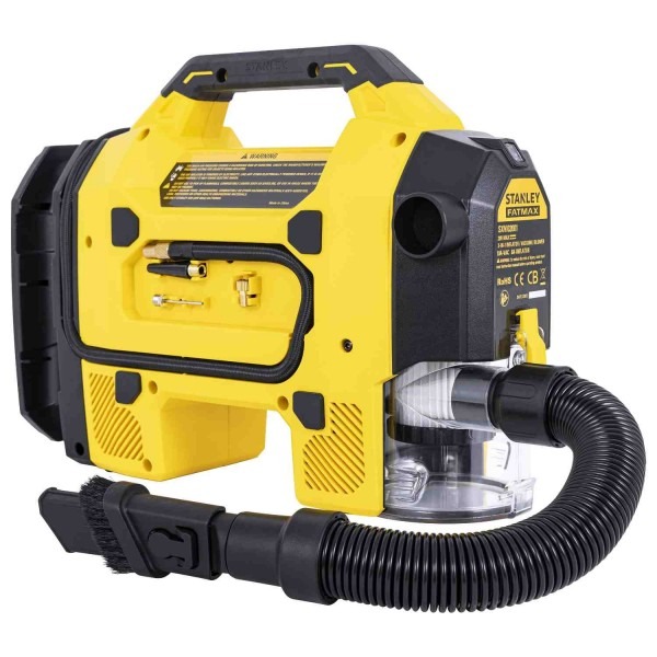 Автомобильный компрессор STANLEY 3 в 1 FATMAX (SXVI02001) Дополнительно  Максимальное рабочее давление 10 бар; Оснащен автоматическим отключением после достижения заданного давления. В режиме пылесоса обеспечивает воздушный поток до 10 л/с, что позволяет эффективно выполнять сухую уборку.