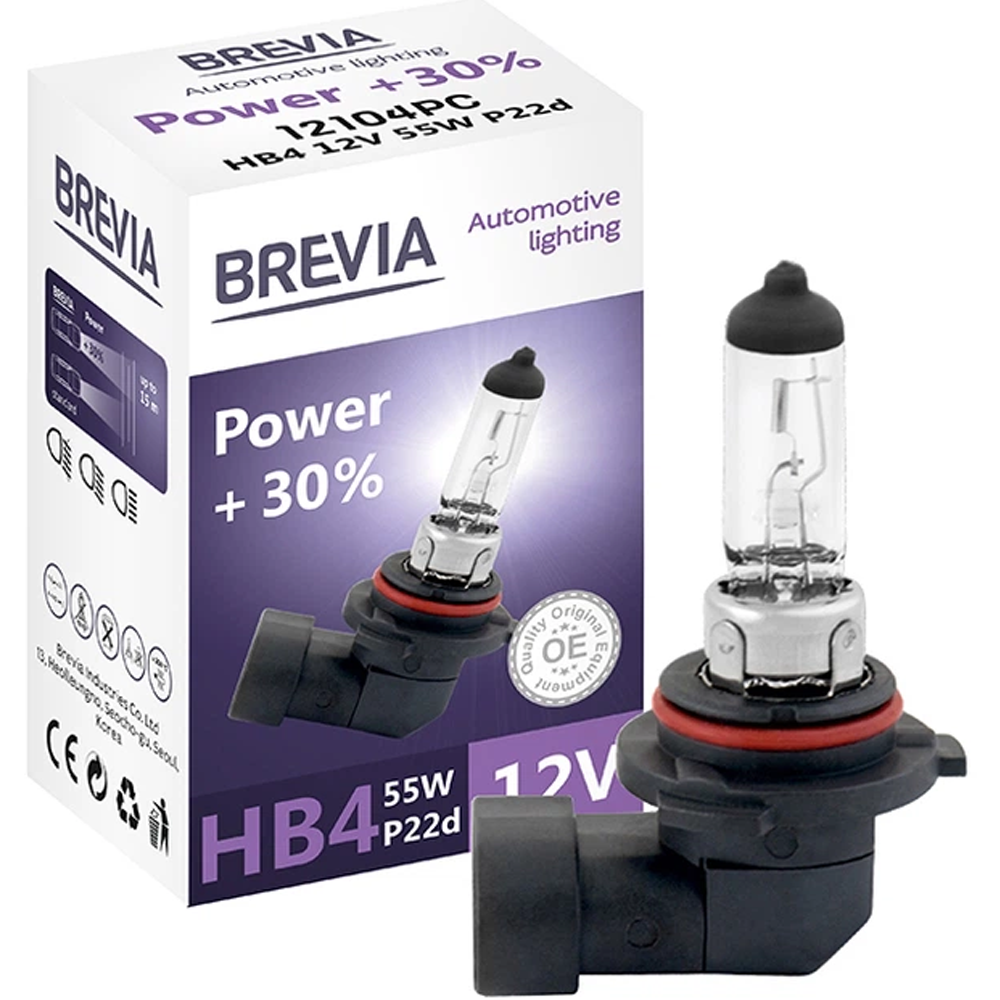 Лампа BREVIA HB4 12V 55W P22d Power +30% СР (12104PC) Додатково тип лампи HB4, галогенова