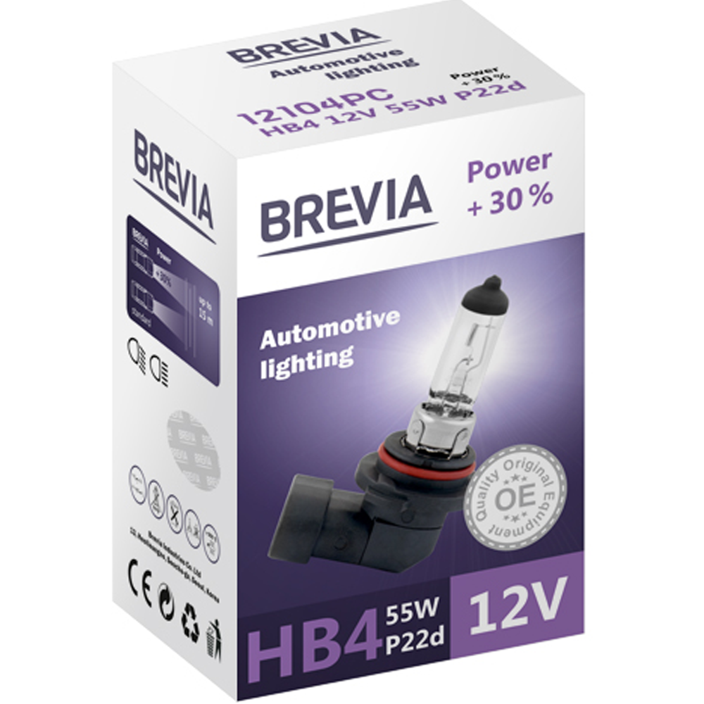 Лампа BREVIA HB4 12V 55W P22d Power +30% СР (12104PC) Сумісніть універсальні